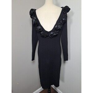 LULU Bravo Black Knit Dress Black Satin Roses Neckline Low Back MED Wool VTG